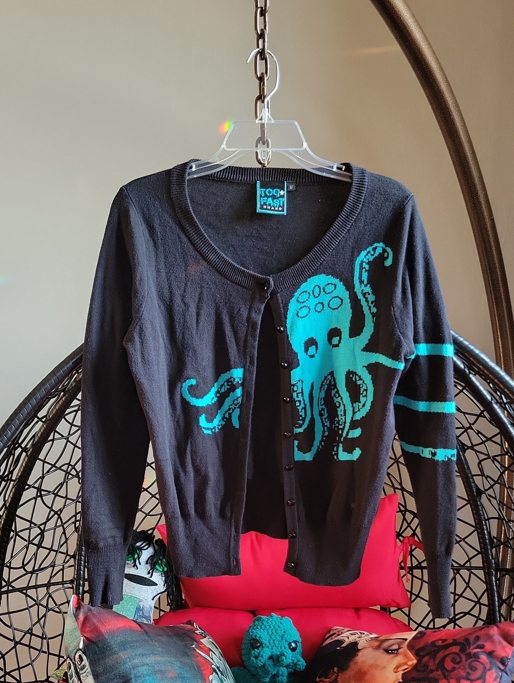 Too Fast Black Cardigan with Teal Octopus Graphic 🐙🐙🐙